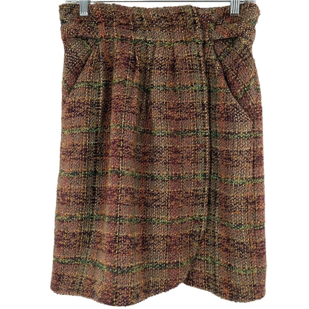 Anthropologie ODILLE Brown/Orange Tweed Wrap Skirt Size 6